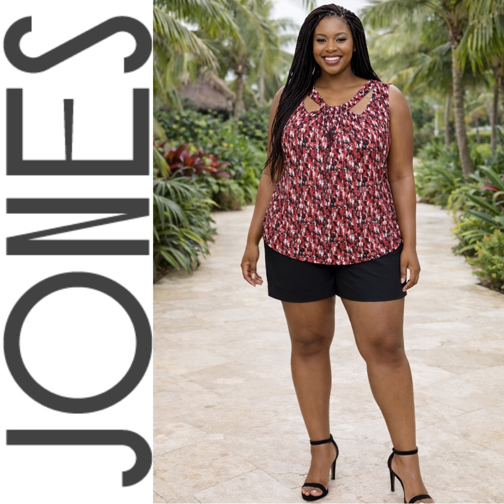 Jones Studio Abstract Red, Black & White Sleeveless Blouse Top, Large, EUC!